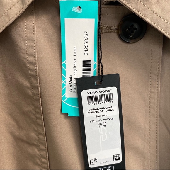 NWT Vero Moda Curve Ramonna Long Trench Jacket Tan Size 18 - Picture 8 of 10